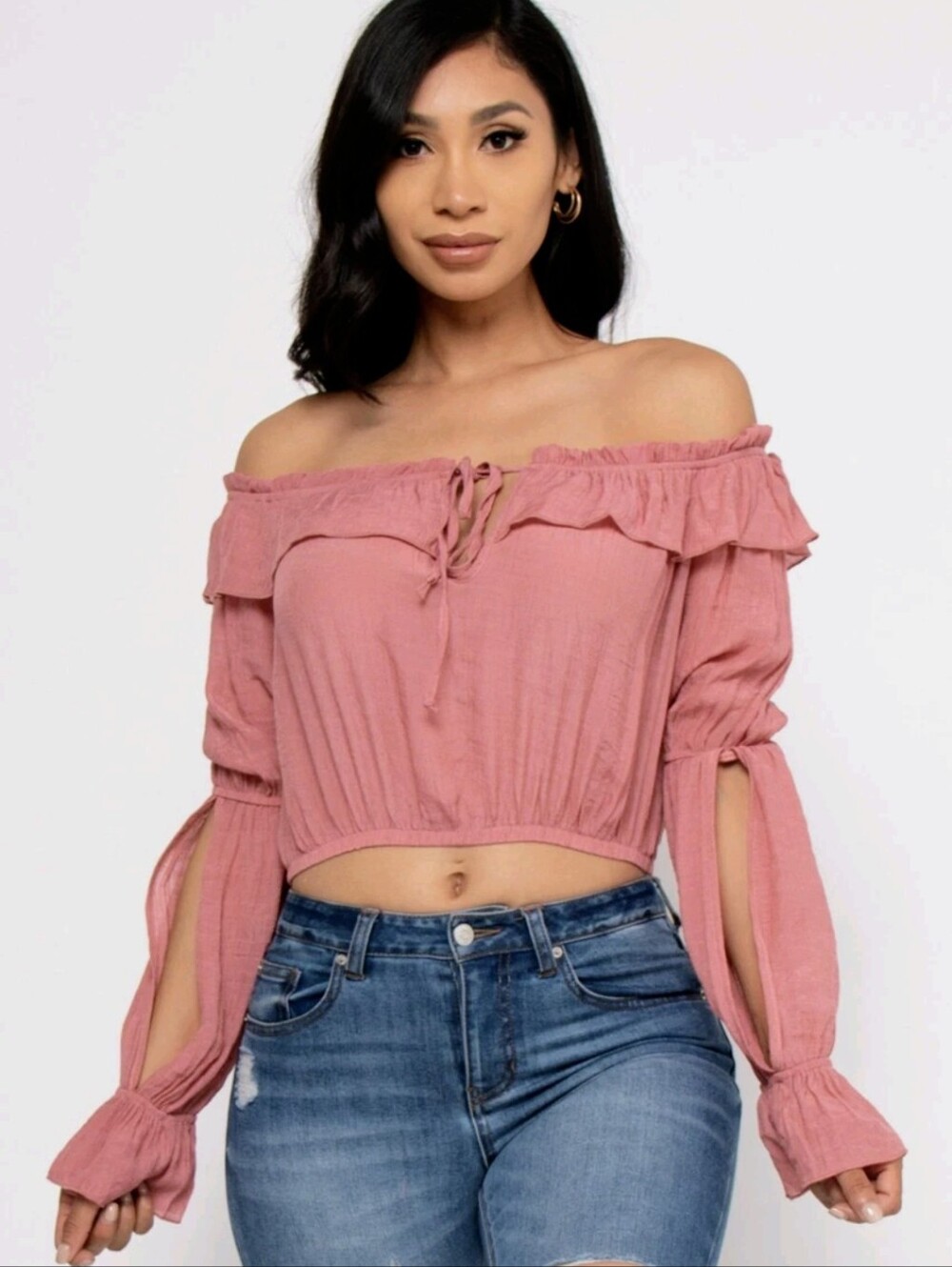 Highlight 2X Mauve/Dusty Rose Off Shoulder Cropped Peasant Top Split Sleeve Boho